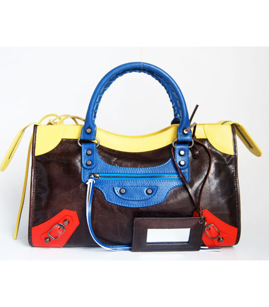 Balenciaga Giant City Bag scuro Caffè con Blu / Giallo / Rosso